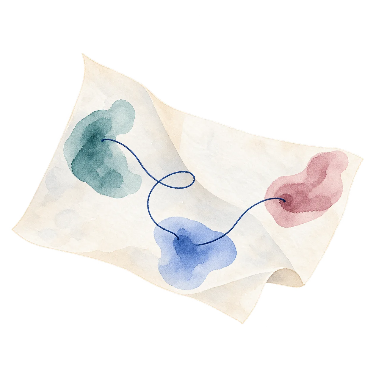 A watercolor sheet ties three colored traces together with one thread